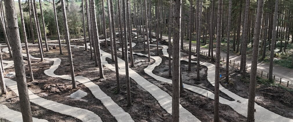 Family cycling trail through Sherwood Pines forest at Pedal and Play