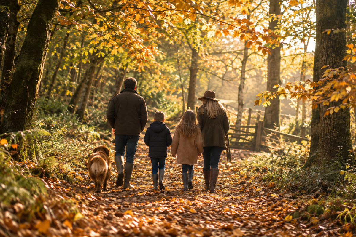 Family enjoying an autumn woodland walk with their dog