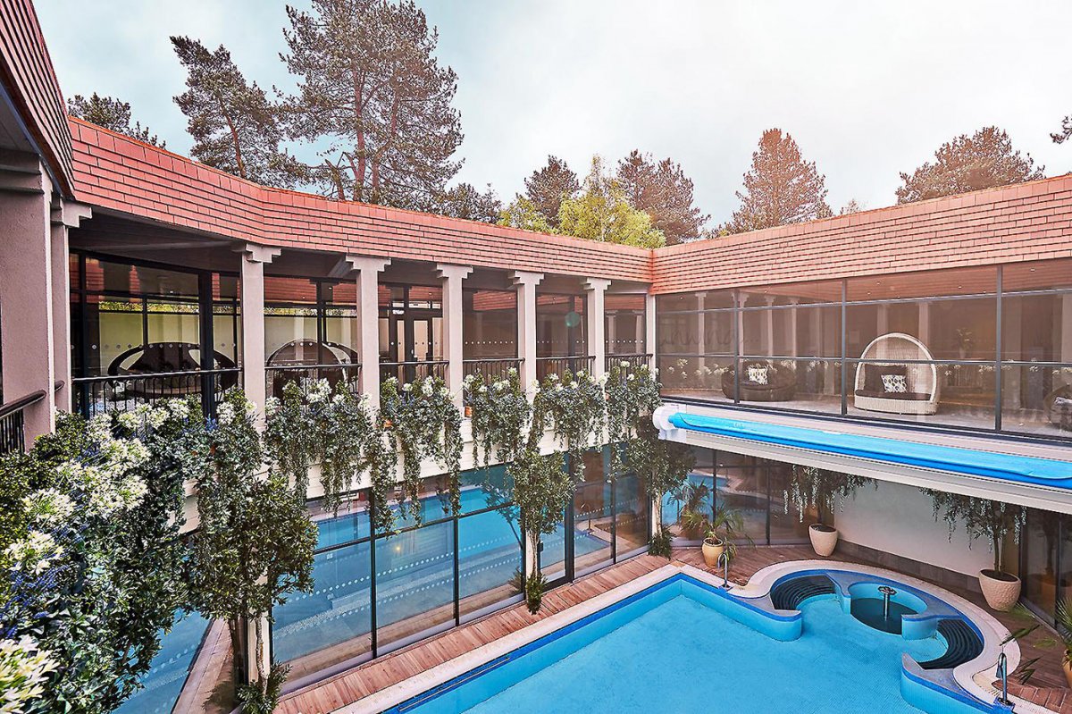 Open-air courtyard pool at Aqua Sana Forest Spa in Sherwood Forest surrounded by woodland